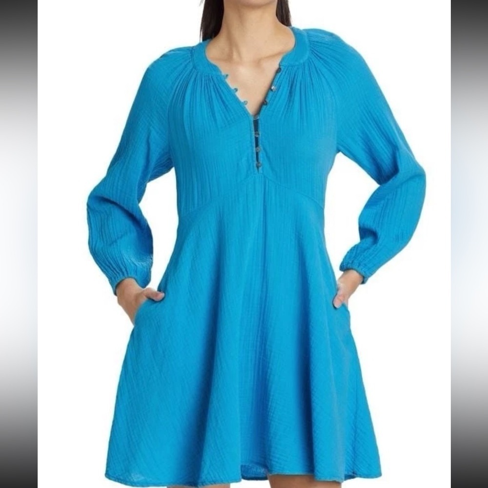 XIRENA Lucinda Gauze Mini Dress Womens Medium Blue Long Sleeve w/ Pockets